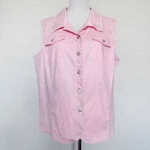 Quacker Factory Bedazzled Light Pink Jean Vest Womens Size XL Sparkle Cowgirl